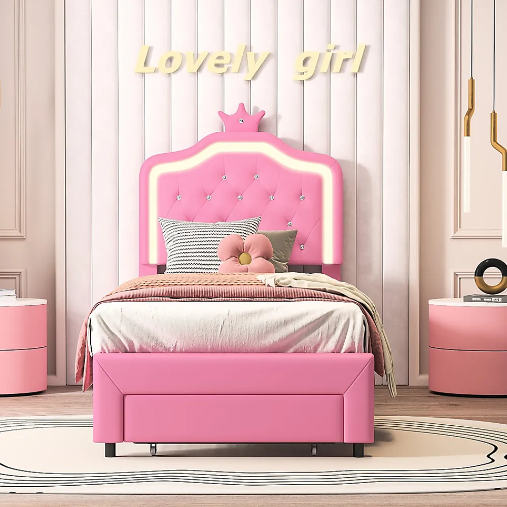 lit enfant 90x200 cm,lit simple capitonné 90 x 200 avec tiroir,LED réglable,lit princesse avec couronne,PU,ROSE>ProximaX Sale