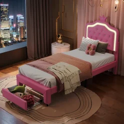 lit enfant 90x200 cm,lit simple capitonné 90 x 200 avec tiroir,LED réglable,lit princesse avec couronne,PU,ROSE><noscript><img width=
