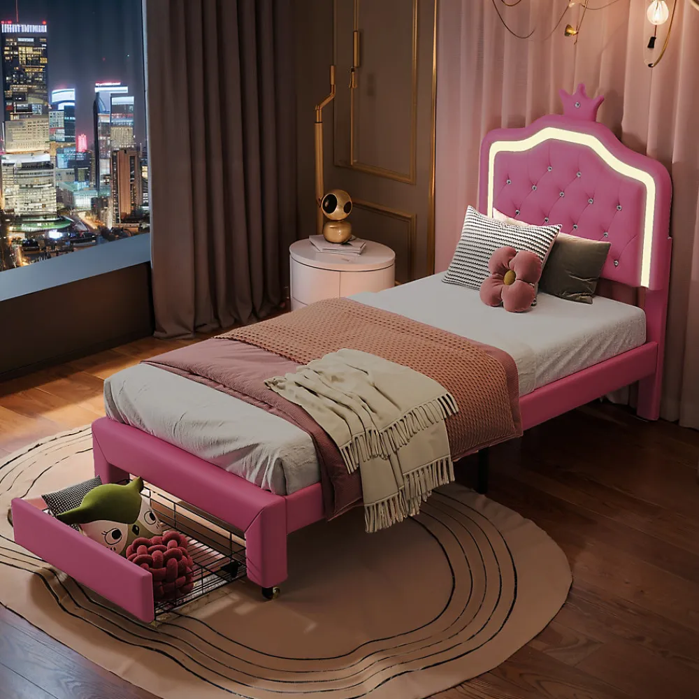 lit enfant 90x200 cm,lit simple capitonné 90 x 200 avec tiroir,LED réglable,lit princesse avec couronne,PU,ROSE>ProximaX Sale
