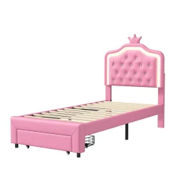 lit enfant 90x200 cm,lit simple capitonné 90 x 200 avec tiroir,LED réglable,lit princesse avec couronne,PU,ROSE><noscript><img width=