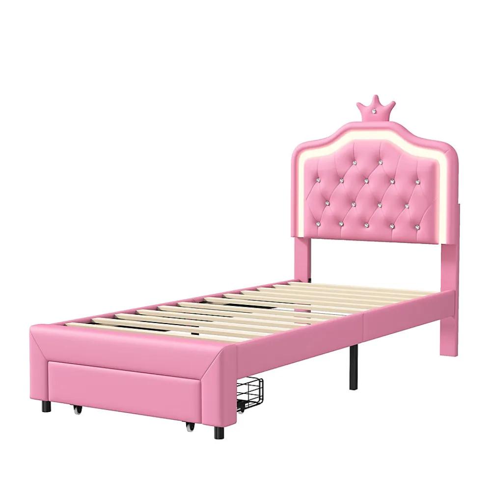 lit enfant 90x200 cm,lit simple capitonné 90 x 200 avec tiroir,LED réglable,lit princesse avec couronne,PU,ROSE>ProximaX Sale