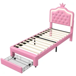 lit enfant 90x200 cm,lit simple capitonné 90 x 200 avec tiroir,LED réglable,lit princesse avec couronne,PU,ROSE><noscript><img width=
