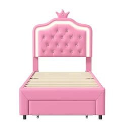 lit enfant 90x200 cm,lit simple capitonné 90 x 200 avec tiroir,LED réglable,lit princesse avec couronne,PU,ROSE><noscript><img width=