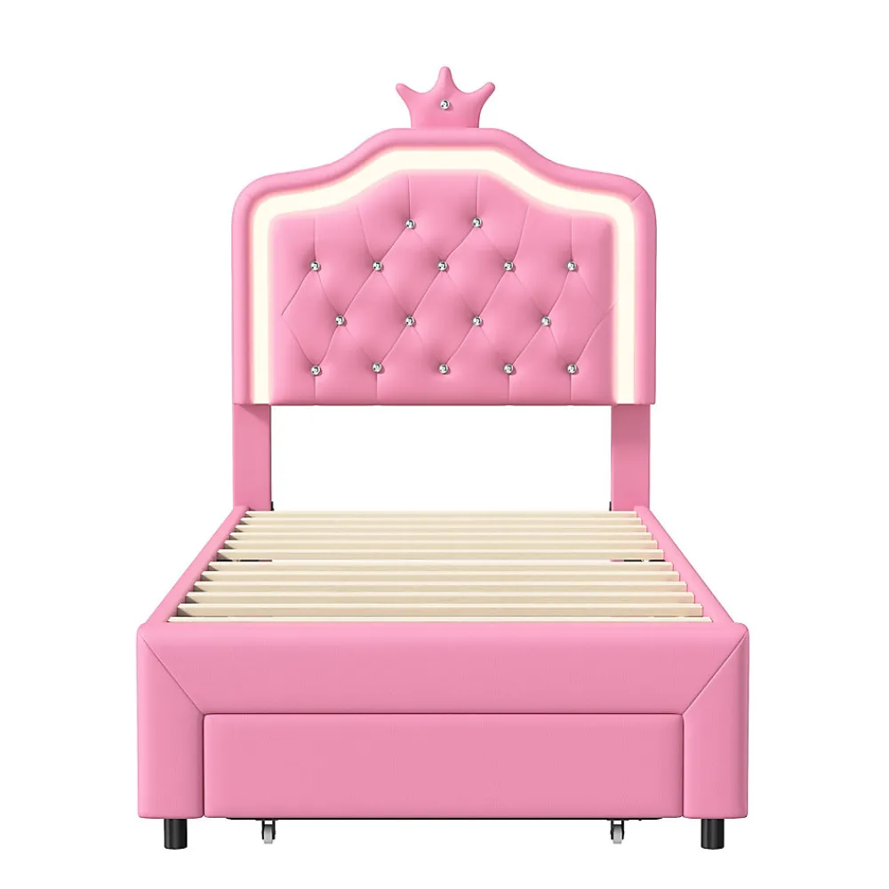 lit enfant 90x200 cm,lit simple capitonné 90 x 200 avec tiroir,LED réglable,lit princesse avec couronne,PU,ROSE>ProximaX Sale