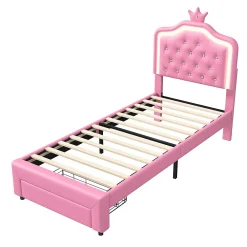 lit enfant 90x200 cm,lit simple capitonné 90 x 200 avec tiroir,LED réglable,lit princesse avec couronne,PU,ROSE><noscript><img width=
