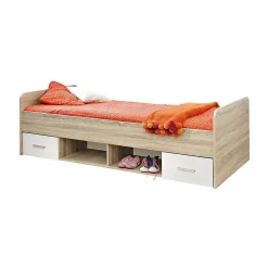 Meublorama Lit enfant 90x200 collection DENVER. coloris chene et blanc. Tiroirs inclus* Lit Avec Rangement