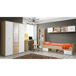 Meublorama Lit enfant 90x200 collection DENVER. coloris chene et blanc. Tiroirs inclus* Lit Avec Rangement