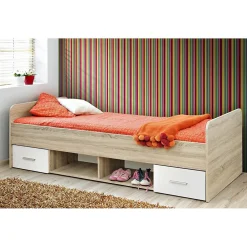 Meublorama Lit enfant 90x200 collection DENVER. coloris chene et blanc. Tiroirs inclus* Lit Avec Rangement