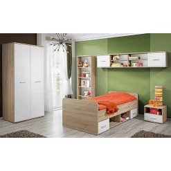 Meublorama Lit enfant 90x200 collection DENVER. coloris chene et blanc. Tiroirs inclus* Lit Avec Rangement
