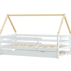 Seyakany Lit enfant 90x200 et 90x190cm, cadre en bois massif, lit simple avec roulettes et lit gigogne, forme maison, blanc+naturelle* Sommier
