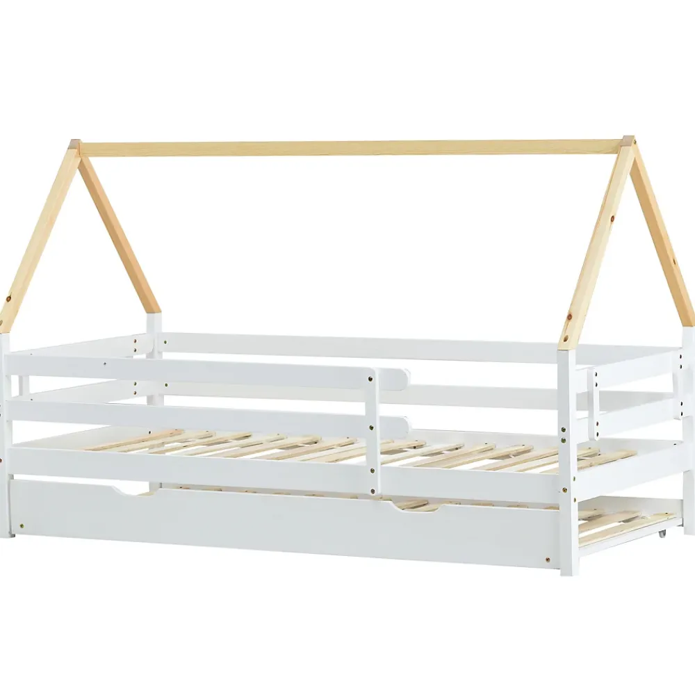 Seyakany Lit enfant 90x200 et 90x190cm, cadre en bois massif, lit simple avec roulettes et lit gigogne, forme maison, blanc+naturelle* Sommier