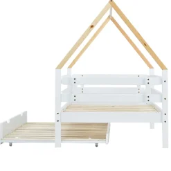 Seyakany Lit enfant 90x200 et 90x190cm, cadre en bois massif, lit simple avec roulettes et lit gigogne, forme maison, blanc+naturelle* Sommier