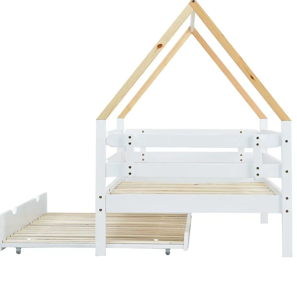 Seyakany Lit enfant 90x200 et 90x190cm, cadre en bois massif, lit simple avec roulettes et lit gigogne, forme maison, blanc+naturelle* Sommier