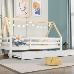 Seyakany Lit enfant 90x200 et 90x190cm, cadre en bois massif, lit simple avec roulettes et lit gigogne, forme maison, blanc+naturelle* Sommier