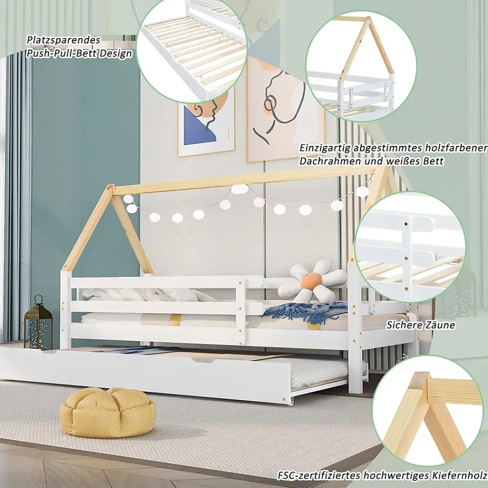 Seyakany Lit enfant 90x200 et 90x190cm, cadre en bois massif, lit simple avec roulettes et lit gigogne, forme maison, blanc+naturelle* Sommier