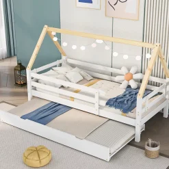 Seyakany Lit enfant 90x200 et 90x190cm, cadre en bois massif, lit simple avec roulettes et lit gigogne, forme maison, blanc+naturelle* Sommier