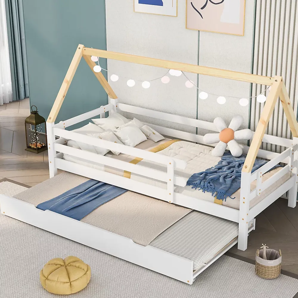 Seyakany Lit enfant 90x200 et 90x190cm, cadre en bois massif, lit simple avec roulettes et lit gigogne, forme maison, blanc+naturelle* Sommier