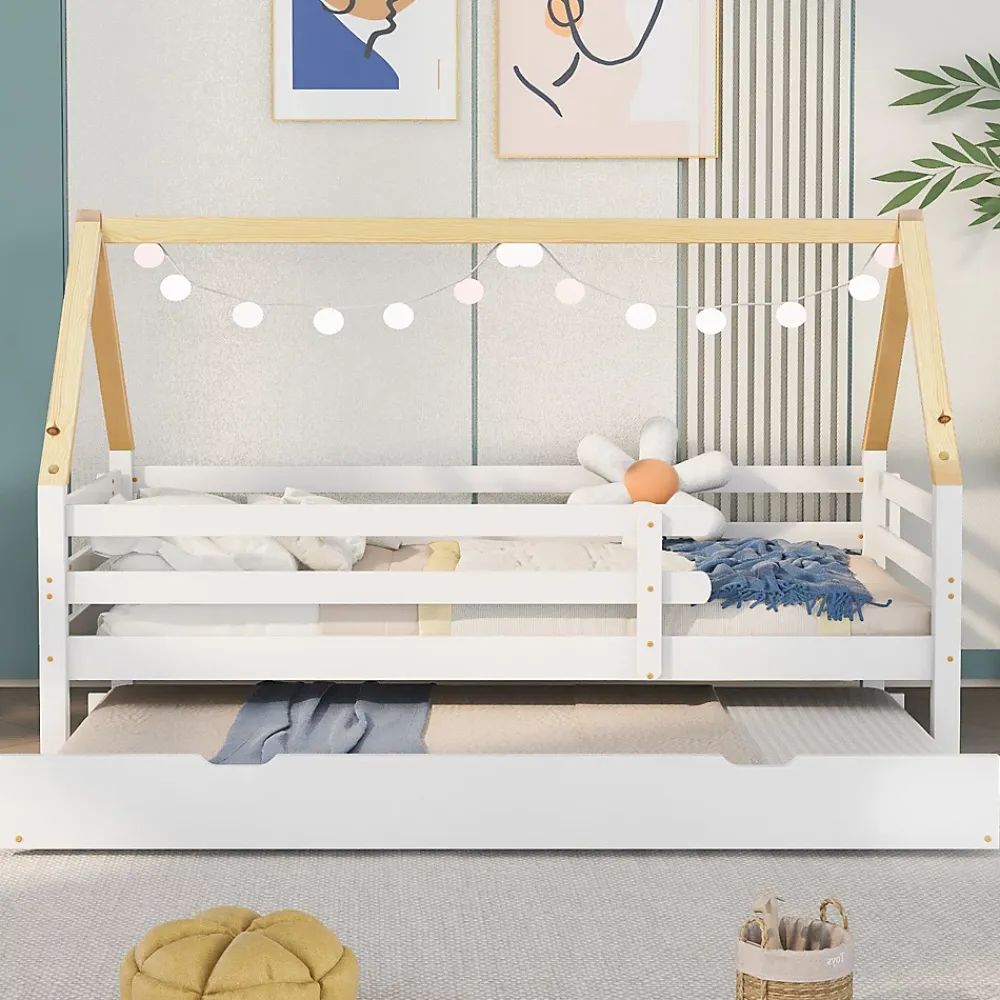 Seyakany Lit enfant 90x200 et 90x190cm, cadre en bois massif, lit simple avec roulettes et lit gigogne, forme maison, blanc+naturelle* Sommier