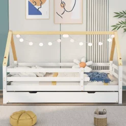 Seyakany Lit enfant 90x200 et 90x190cm, cadre en bois massif, lit simple avec roulettes et lit gigogne, forme maison, blanc+naturelle* Sommier