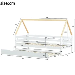 Seyakany Lit enfant 90x200 et 90x190cm, cadre en bois massif, lit simple avec roulettes et lit gigogne, forme maison, blanc+naturelle* Sommier