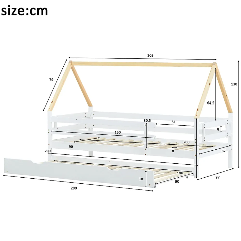 Seyakany Lit enfant 90x200 et 90x190cm, cadre en bois massif, lit simple avec roulettes et lit gigogne, forme maison, blanc+naturelle* Sommier