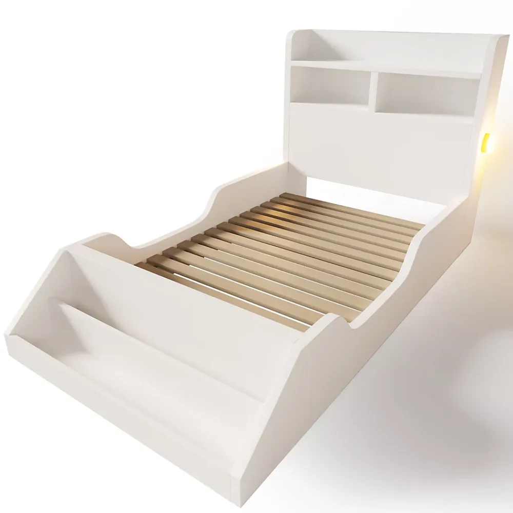 ModernLuxe Lit enfant 90x200cm - avec bibliothèque amovible - tête de lit avec étagère - avec veilleuse - Blanc (sans matelas)*Enfant Lit Enfant