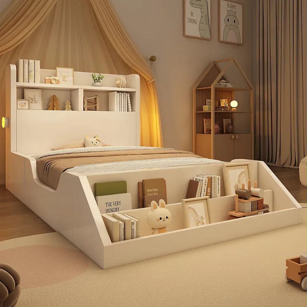 ModernLuxe Lit enfant 90x200cm - avec bibliothèque amovible - tête de lit avec étagère - avec veilleuse - Blanc (sans matelas)*Enfant Lit Enfant