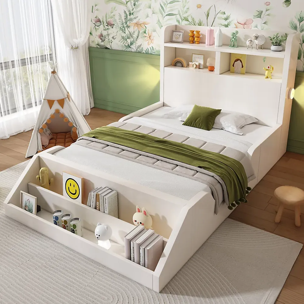 ModernLuxe Lit enfant 90x200cm - avec bibliothèque amovible - tête de lit avec étagère - avec veilleuse - Blanc (sans matelas)*Enfant Lit Enfant