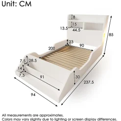 ModernLuxe Lit enfant 90x200cm - avec bibliothèque amovible - tête de lit avec étagère - avec veilleuse - Blanc (sans matelas)*Enfant Lit Enfant