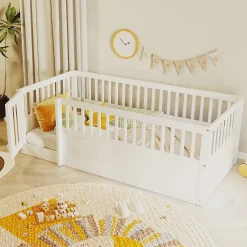 ModernLuxe Lit enfant 90x200cm - cadre en bois - barrières de sécurité - porte - blanc (sommier non inclus)*Enfant Lit Enfant
