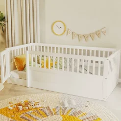 ModernLuxe Lit enfant 90x200cm - cadre en bois - barrières de sécurité - porte - blanc (sommier non inclus)*Enfant Lit Enfant