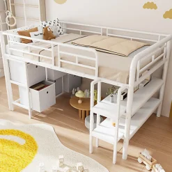 Lit enfant 90x200cm - escalier - étagères - rangements - blanc (matelas non inclus)>ModernLuxe