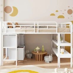 Lit enfant 90x200cm - escalier - étagères - rangements - blanc (matelas non inclus)><noscript><img width=