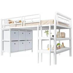 Lit enfant 90x200cm - escalier - étagères - rangements - blanc (matelas non inclus)><noscript><img width=