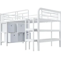 Lit enfant 90x200cm - escalier - étagères - rangements - blanc (matelas non inclus)><noscript><img width=