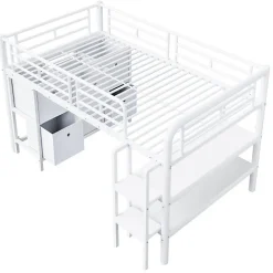 Lit enfant 90x200cm - escalier - étagères - rangements - blanc (matelas non inclus)><noscript><img width=