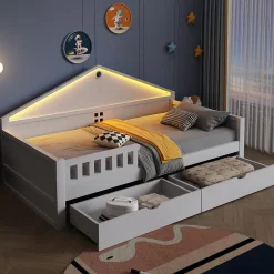 ModernLuxe Lit enfant 90x200cm - LED - 2 tiroirs - sommier à lattes - blanc (matelas non inclus)*Enfant Lit Enfant