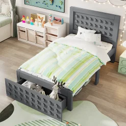Blackcolors Lit enfant 90x200cm bois massif, rangement tiroirs, gris, design blocs, sans matelas* Lit Coffre