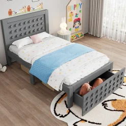 Blackcolors Lit enfant 90x200cm bois massif, rangement tiroirs, gris, design blocs, sans matelas* Lit Coffre