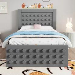 Blackcolors Lit enfant 90x200cm bois massif, rangement tiroirs, gris, design blocs, sans matelas* Lit Coffre