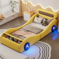Fortuna lai Lit Enfant 90x200cm, Forme Voiture, Roues Lumineuses, Rangement, Sans Matelas, Jaune*Enfant Lit Enfant