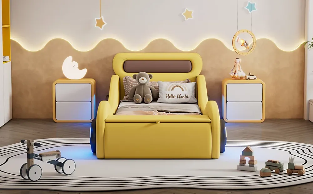 Fortuna lai Lit Enfant 90x200cm, Forme Voiture, Roues Lumineuses, Rangement, Sans Matelas, Jaune*Enfant Lit Enfant