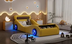 Fortuna lai Lit Enfant 90x200cm, Forme Voiture, Roues Lumineuses, Rangement, Sans Matelas, Jaune*Enfant Lit Enfant