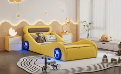 Fortuna lai Lit Enfant 90x200cm, Forme Voiture, Roues Lumineuses, Rangement, Sans Matelas, Jaune*Enfant Lit Enfant
