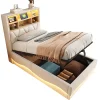 Lit enfant 90x200cm, LED app, USB, rangement hydraulique, lin beige>Blackcolors Outlet