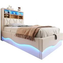 Lit enfant 90x200cm, LED app, USB, rangement hydraulique, lin beige><noscript><img width=