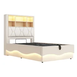 Lit enfant 90x200cm, LED app, USB, rangement hydraulique, lin beige><noscript><img width=