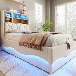 Lit enfant 90x200cm, LED app, USB, rangement hydraulique, lin beige><noscript><img width=