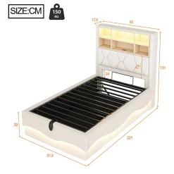 Lit enfant 90x200cm, LED app, USB, rangement hydraulique, lin beige><noscript><img width=