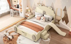 Lit Enfant 140x200cm, Lit Carton avec Toboggan, Beige><noscript><img width=